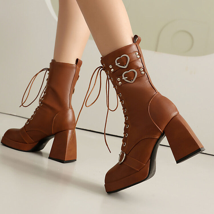 Women's Love Heart Buckle Square Toe Block Heel Platform Short Boots