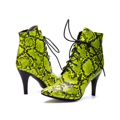 Women's Snake Pattern Lace-Up Spike Heel Ankle Boots