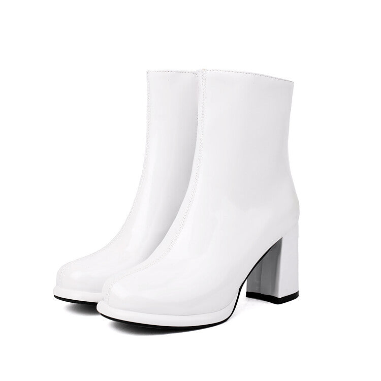 Women's Glossy Chunky Heel Platform Short Boots