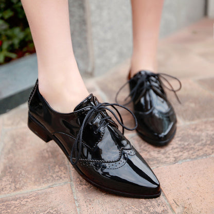 Ladies Glossy Pointed Toe Tied Lace Up Puppy Heel Chunky Heels Oxford Shoes