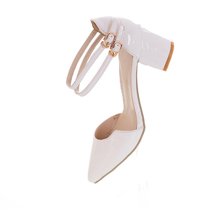 Ladies Candy Color Pointed Toe Hollow Out Double Strap Block Heel Sandals