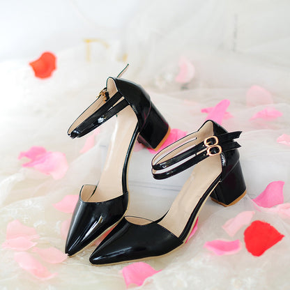 Ladies Candy Color Pointed Toe Hollow Out Double Strap Block Heel Sandals