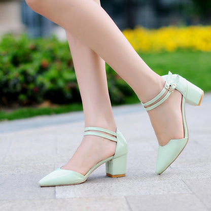 Ladies Candy Color Pointed Toe Hollow Out Double Strap Block Heel Sandals