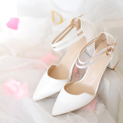 Ladies Candy Color Pointed Toe Hollow Out Double Strap Block Heel Sandals