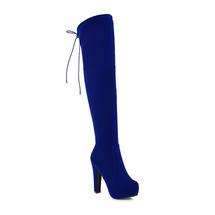 Ladies Fold Suede Back Tied Platform Chunky Heel Over the Knee Boots