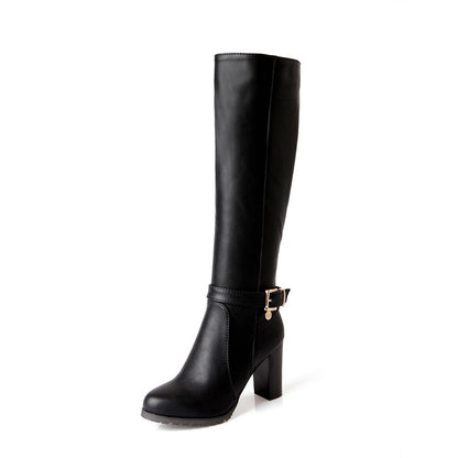 Ladies Pu Leather Belts Buckles Stitching Chunky Heel Knee High Boots