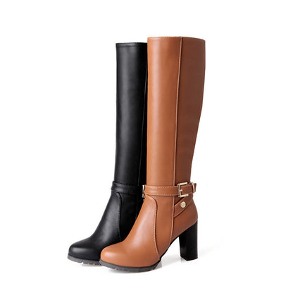 Ladies Pu Leather Belts Buckles Stitching Chunky Heel Knee High Boots