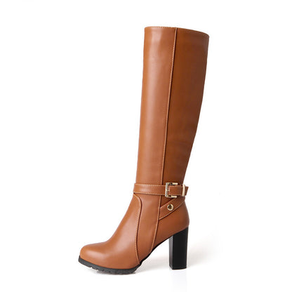 Ladies Pu Leather Belts Buckles Stitching Chunky Heel Knee High Boots