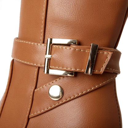 Ladies Pu Leather Belts Buckles Stitching Chunky Heel Knee High Boots