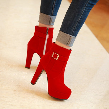 Ladies Suede Round Toe Belts Buckles Side Zippers Chunky Heel Platform Short Boots