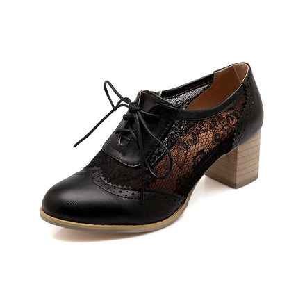 Ladies Pu Leather Round Toe Tied Belts Lace Carved Flora Block Heel Chunky Heels Oxford Shoes