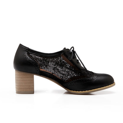 Ladies Pu Leather Round Toe Tied Belts Lace Carved Flora Block Heel Chunky Heels Oxford Shoes