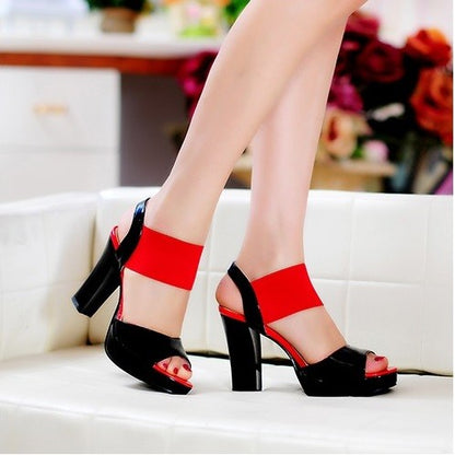 Ladies Bling Bling Glossy Color Block Round Toe High Heel Platform Sandals