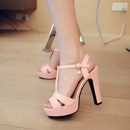 Ladies T Strap Pearls High Heel Platform Sandals