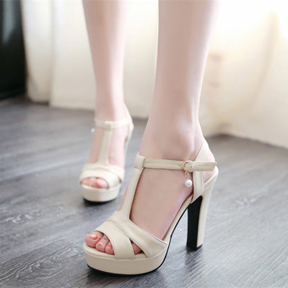 Ladies T Strap Pearls High Heel Platform Sandals