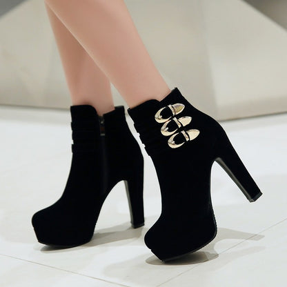 Ladies Suede Round Toe Belts Buckles Chunky Heel Platform Short Boots