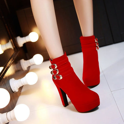 Ladies Suede Round Toe Belts Buckles Chunky Heel Platform Short Boots