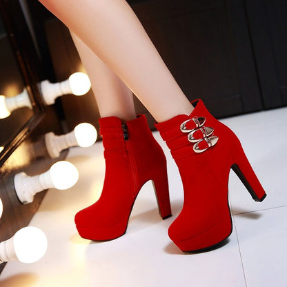 Ladies Suede Round Toe Belts Buckles Chunky Heel Platform Short Boots