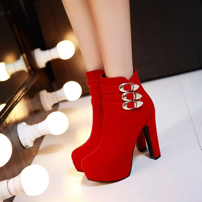 Ladies Suede Round Toe Belts Buckles Chunky Heel Platform Short Boots