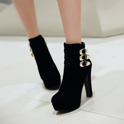 Ladies Suede Round Toe Belts Buckles Chunky Heel Platform Short Boots