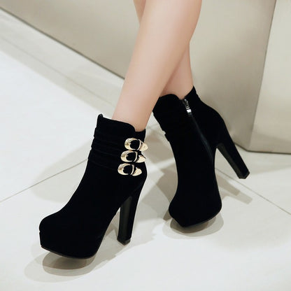 Ladies Suede Round Toe Belts Buckles Chunky Heel Platform Short Boots