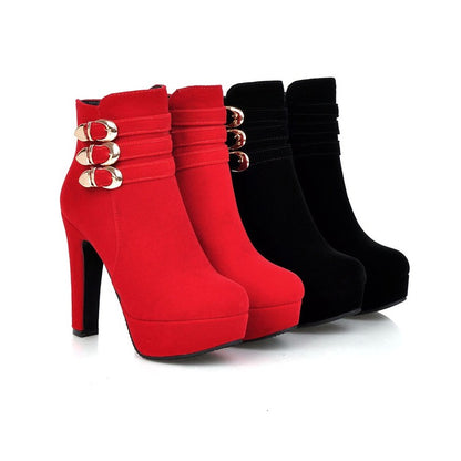 Ladies Suede Round Toe Belts Buckles Chunky Heel Platform Short Boots