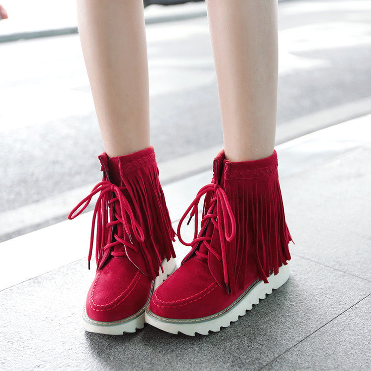 Ladies Suede Stitching Tassel Lace Up Flat Short Boots