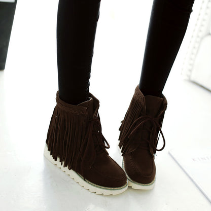 Ladies Suede Stitching Tassel Lace Up Flat Short Boots