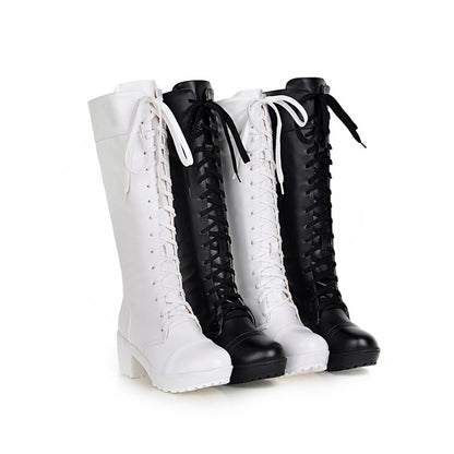 Ladies Round Toe Lace Up Stitching Block Heel Platform Knee High Boots