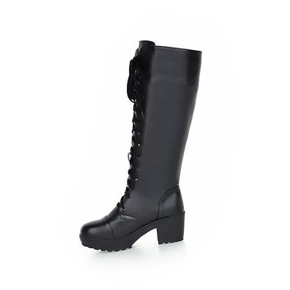 Ladies Round Toe Lace Up Stitching Block Heel Platform Knee High Boots