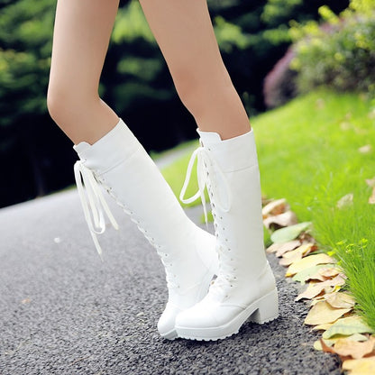 Ladies Round Toe Lace Up Stitching Block Heel Platform Knee High Boots