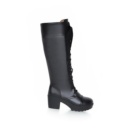 Ladies Round Toe Lace Up Stitching Block Heel Platform Knee High Boots