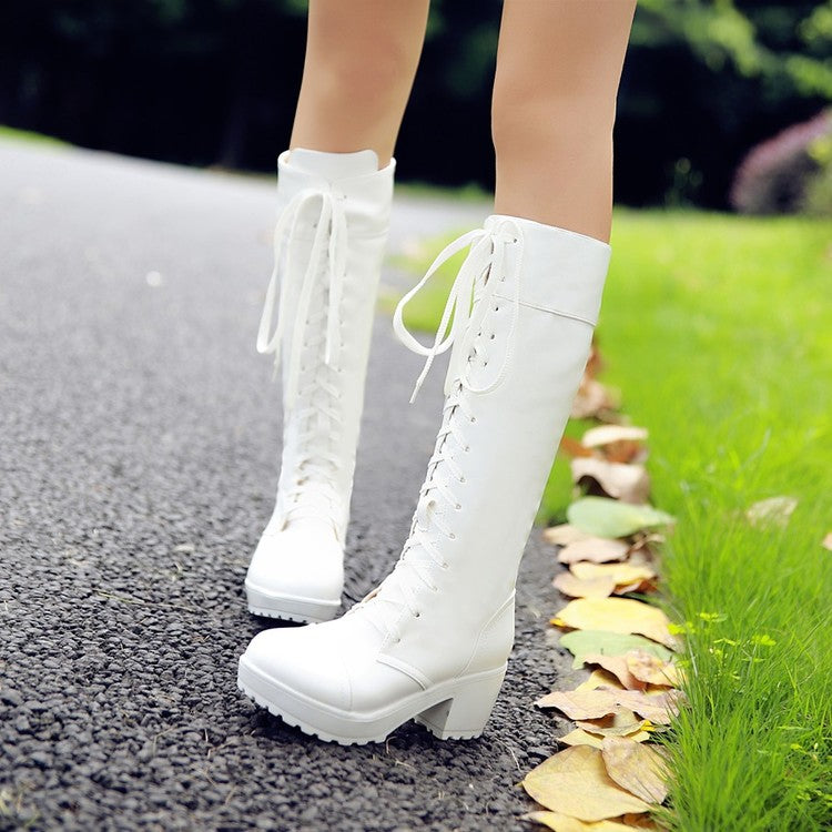 Ladies Round Toe Lace Up Stitching Block Heel Platform Knee High Boots