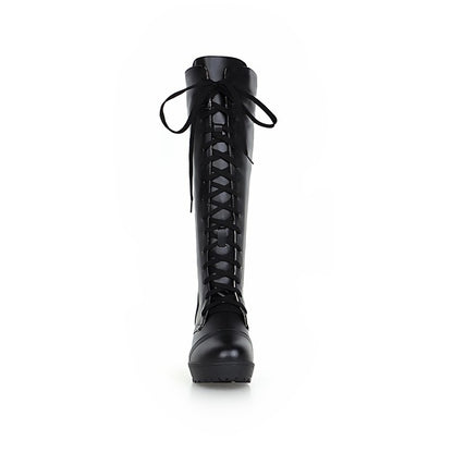 Ladies Round Toe Lace Up Stitching Block Heel Platform Knee High Boots