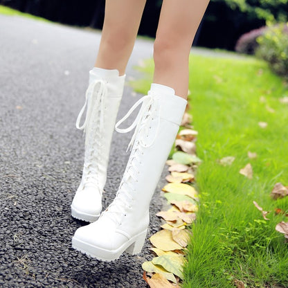 Ladies Round Toe Lace Up Stitching Block Heel Platform Knee High Boots