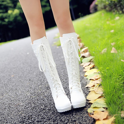 Ladies Round Toe Lace Up Stitching Block Heel Platform Knee High Boots