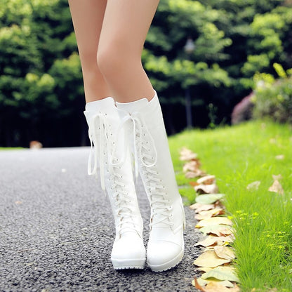 Ladies Round Toe Lace Up Stitching Block Heel Platform Knee High Boots