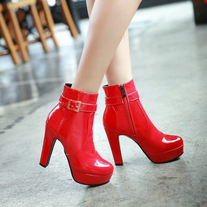 Ladies Glossy Almond Toe Buckles Belts Chunky Heel Platform Short Boots