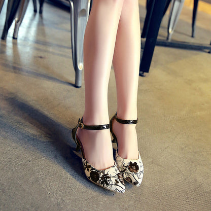 Ladies Pointed Toe Flora Printed Ankle Strap Buckle High Heel Sandals