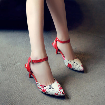 Ladies Pointed Toe Flora Printed Ankle Strap Buckle High Heel Sandals