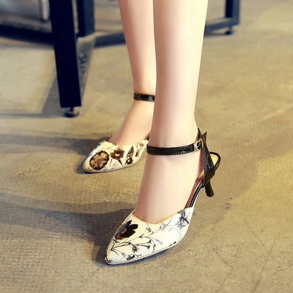 Ladies Pointed Toe Flora Printed Ankle Strap Buckle High Heel Sandals