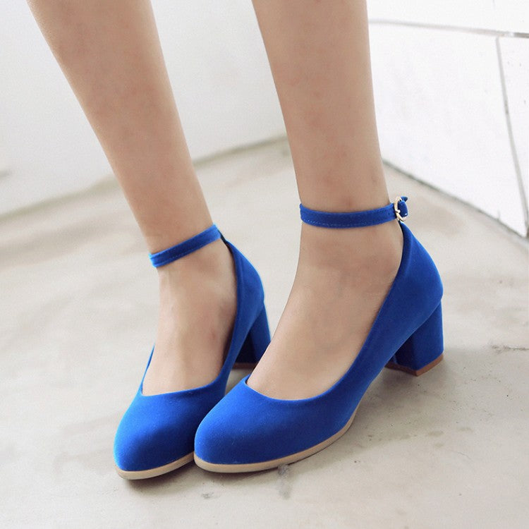 Ladies Flock Ankle Strap Block Heel Pumps