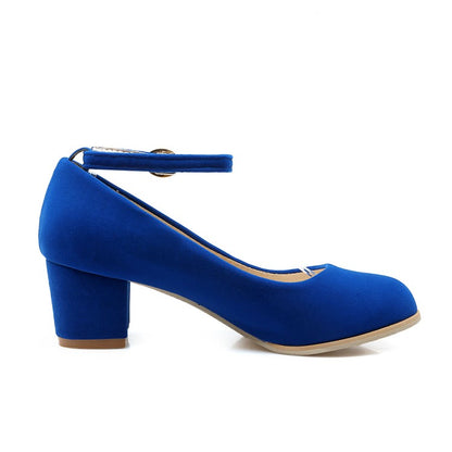 Ladies Flock Ankle Strap Block Heel Pumps