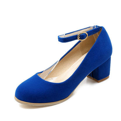 Ladies Flock Ankle Strap Block Heel Pumps