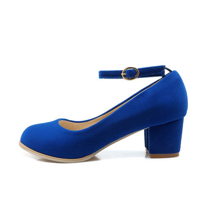 Ladies Flock Ankle Strap Block Heel Pumps