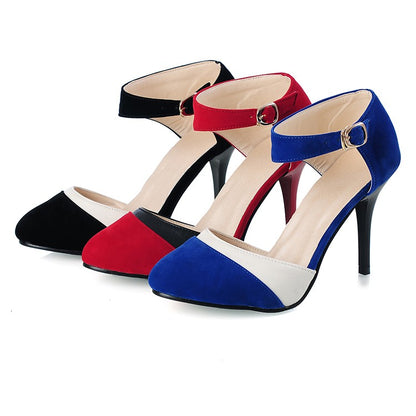 Ladies Color Block Pointed Toe Ankle Strap Buckle Stiletto High Heel Sandals