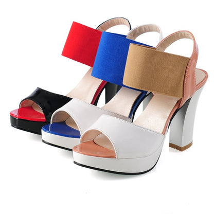 Ladies Bling Bling Glossy Color Block Round Toe High Heel Platform Sandals