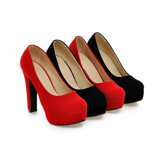 Ladies High Heeled Suede Round Toe Chunky Heel Platform Pumps