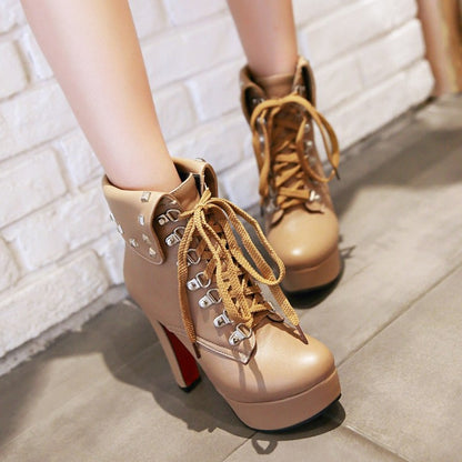 Ladies Pu Leather Round Toe Rivets Tied Belts Chunky Heel Platform Short Boots