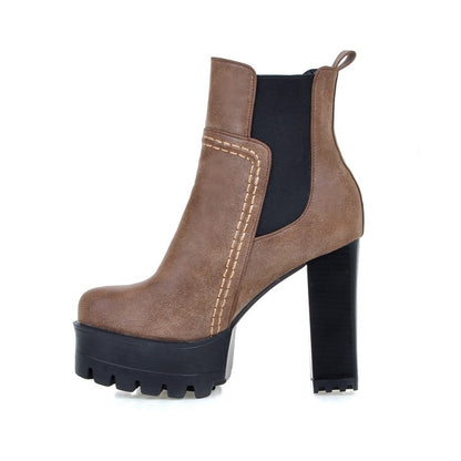 Ladies Frosted Pu Leather Round Toe Block Heel Platform Short Boots